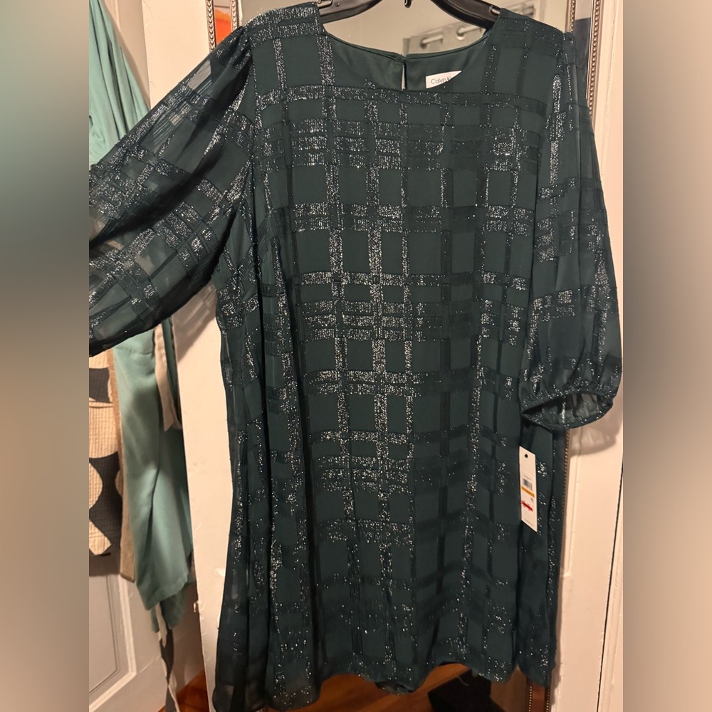 Calvin Klein Deep blue/green plaid sequins dress